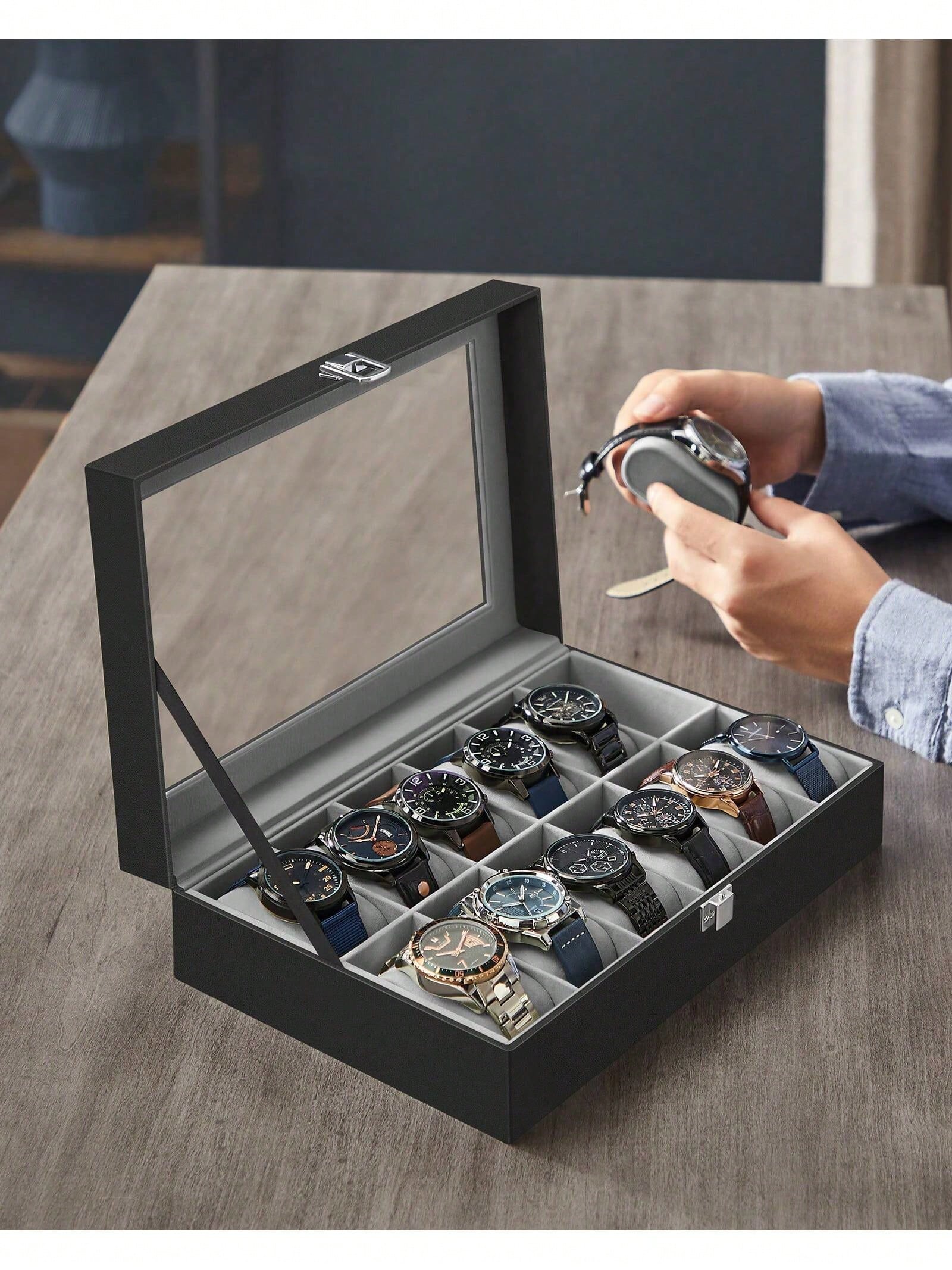 유리 뚜껑과 서랍이 있는 12슬롯 잠금식 시계 상자,  - Jewellery Watches 리뷰 및 가격