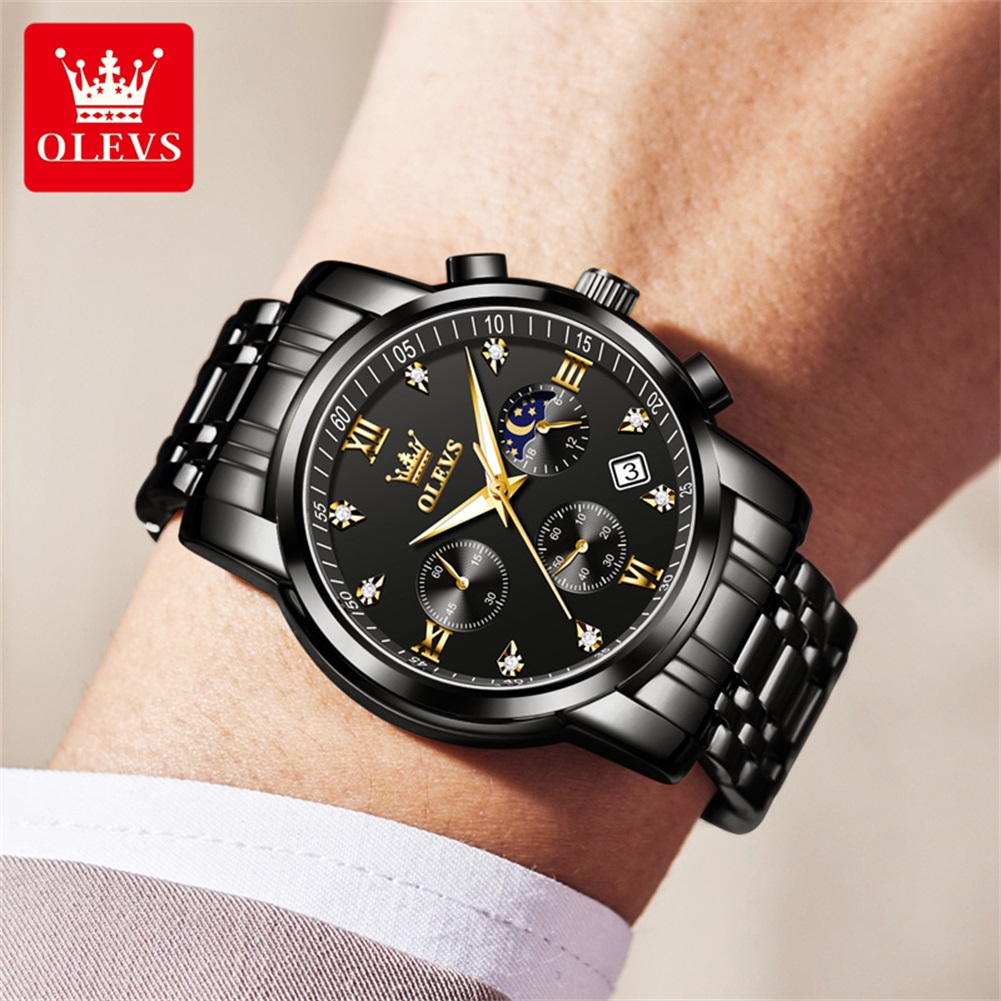OLEVS 인기 남성용 시계 스테인레스 스틸 블랙 문  - Jewelry Style Watches 리뷰 및 가격